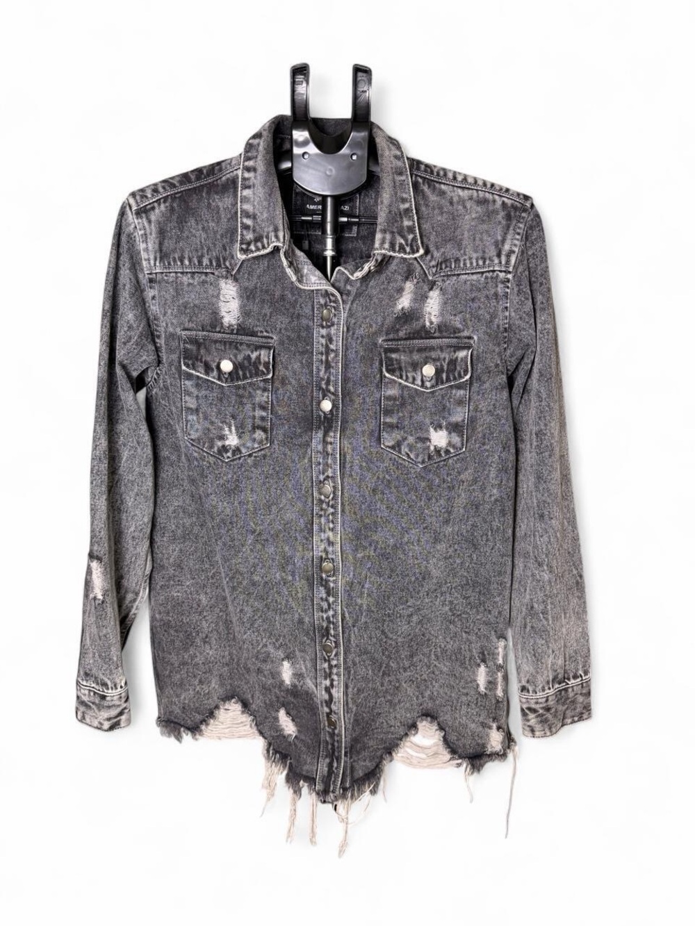 American Bazi Black Acid Wash Distressed Denim Shirt Jacket Medium Shacket